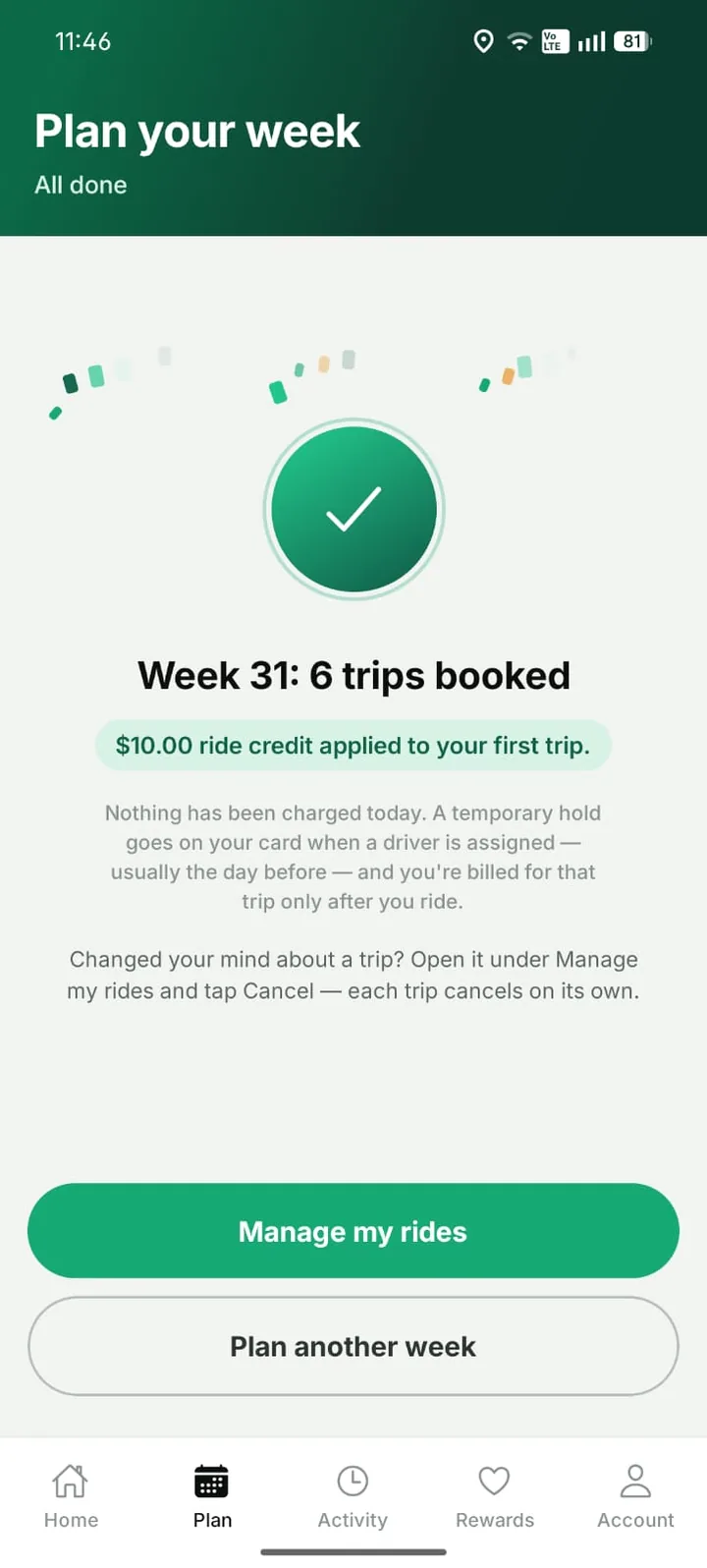 Week booked — six trips booked in one go
